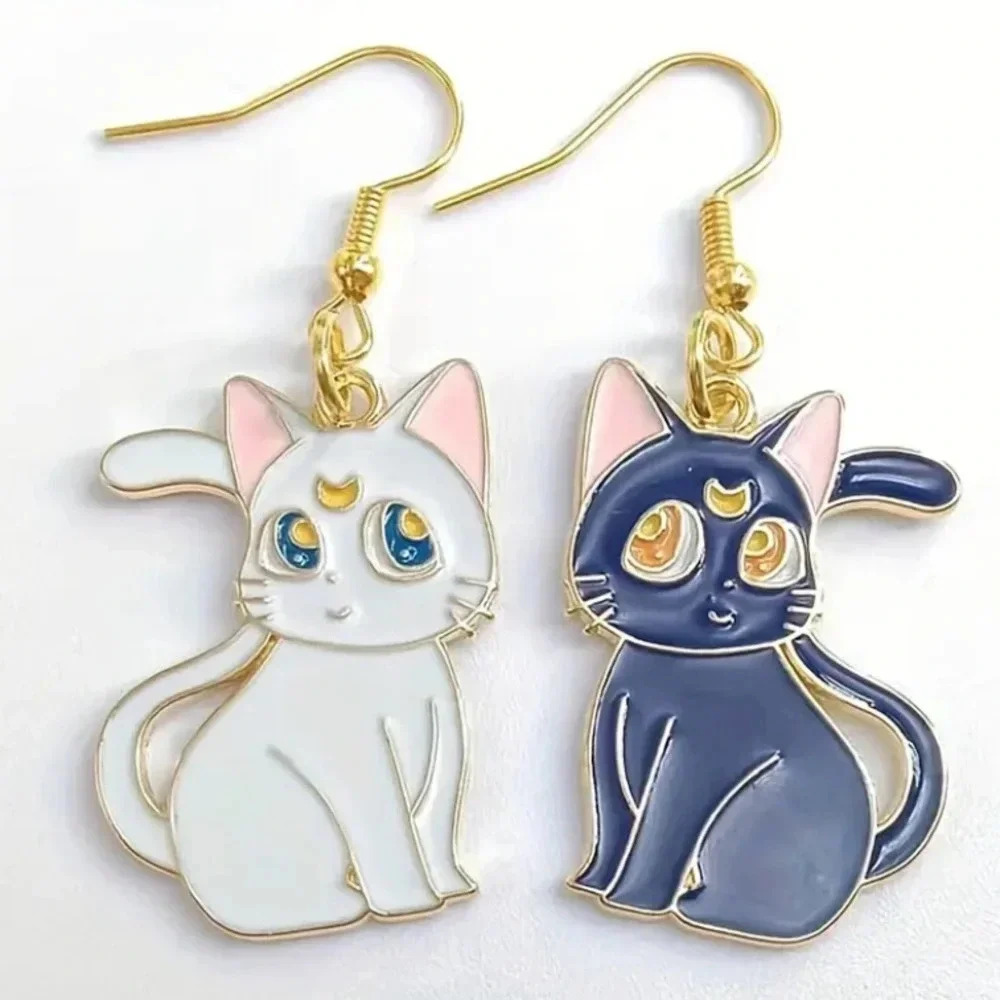Moon Cats Mismatched Hook Dangle Earrings Kawaii